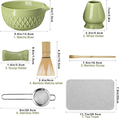 Matcha Whisk Set, 7 Pcs Matcha Kit, Ceramic Matcha Set Includes Matcha Bowl with Spout, Matcha Whisk and Holder, Bamboo Scoop, Scoop Rest, Sifter and Tea Towel (Ceramic White)