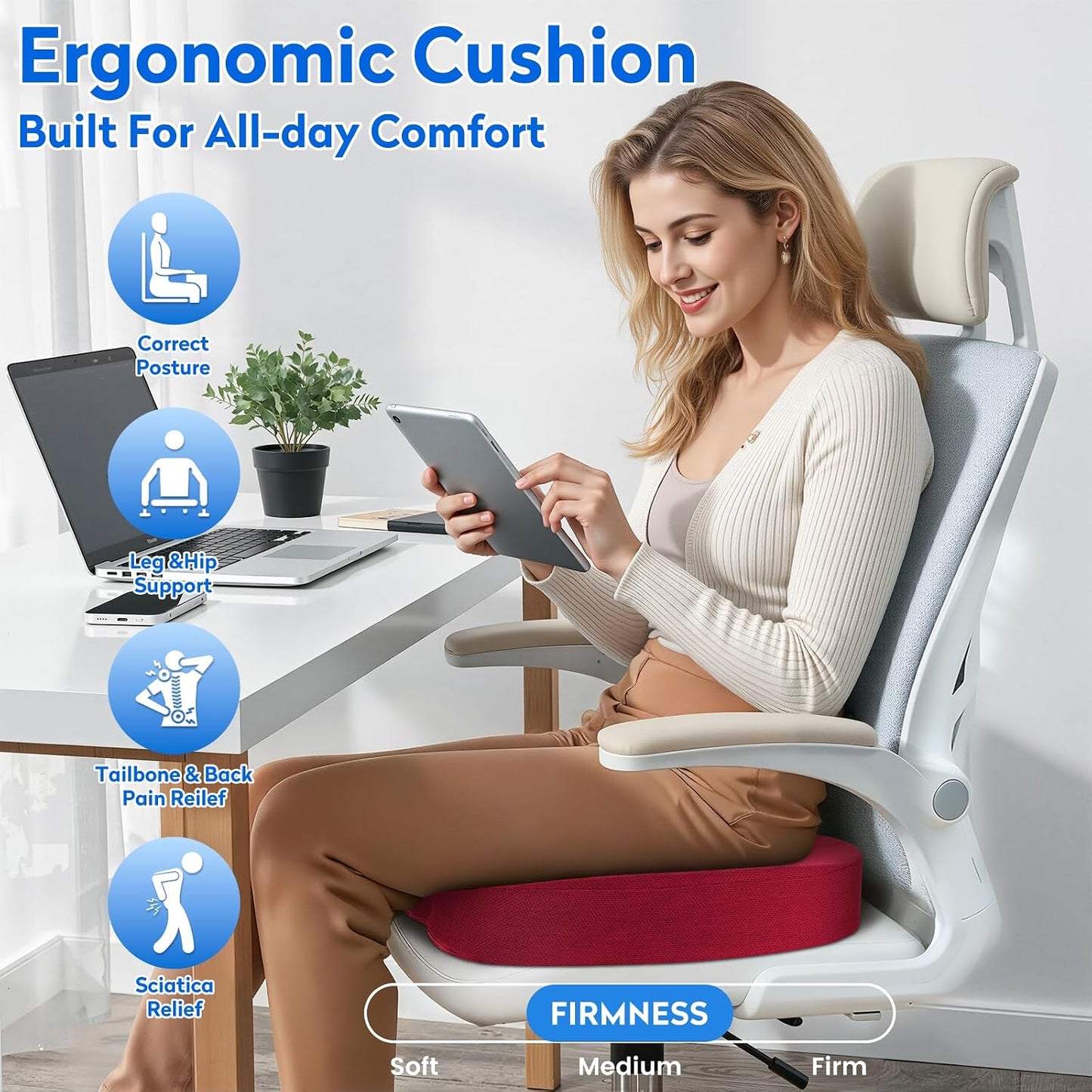 CushZone Seat Cushion - Memory Foam Office Chair Cushion for Sciatica, Tailbone & Back Pain Relief - Orthopedic Coccyx Pillow for Car, Airplane, Pregnancy & Long Sitting at Work, Black