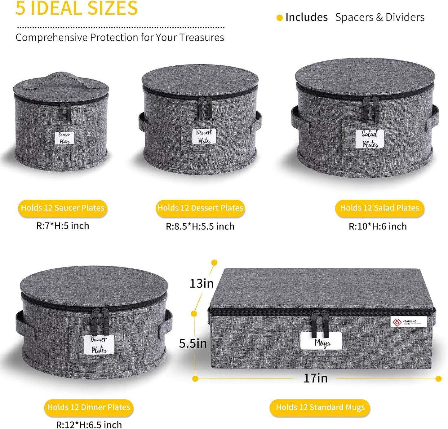 YearningHome Cup and Mug Storage Box with Hard Shell and Dividers for Coffee Mugs,Tea Cups and Glasses,Stackable Storage Organizers with Lid,Handles,Zips and Label for Moving,Holds 12,2 Pack, Grey