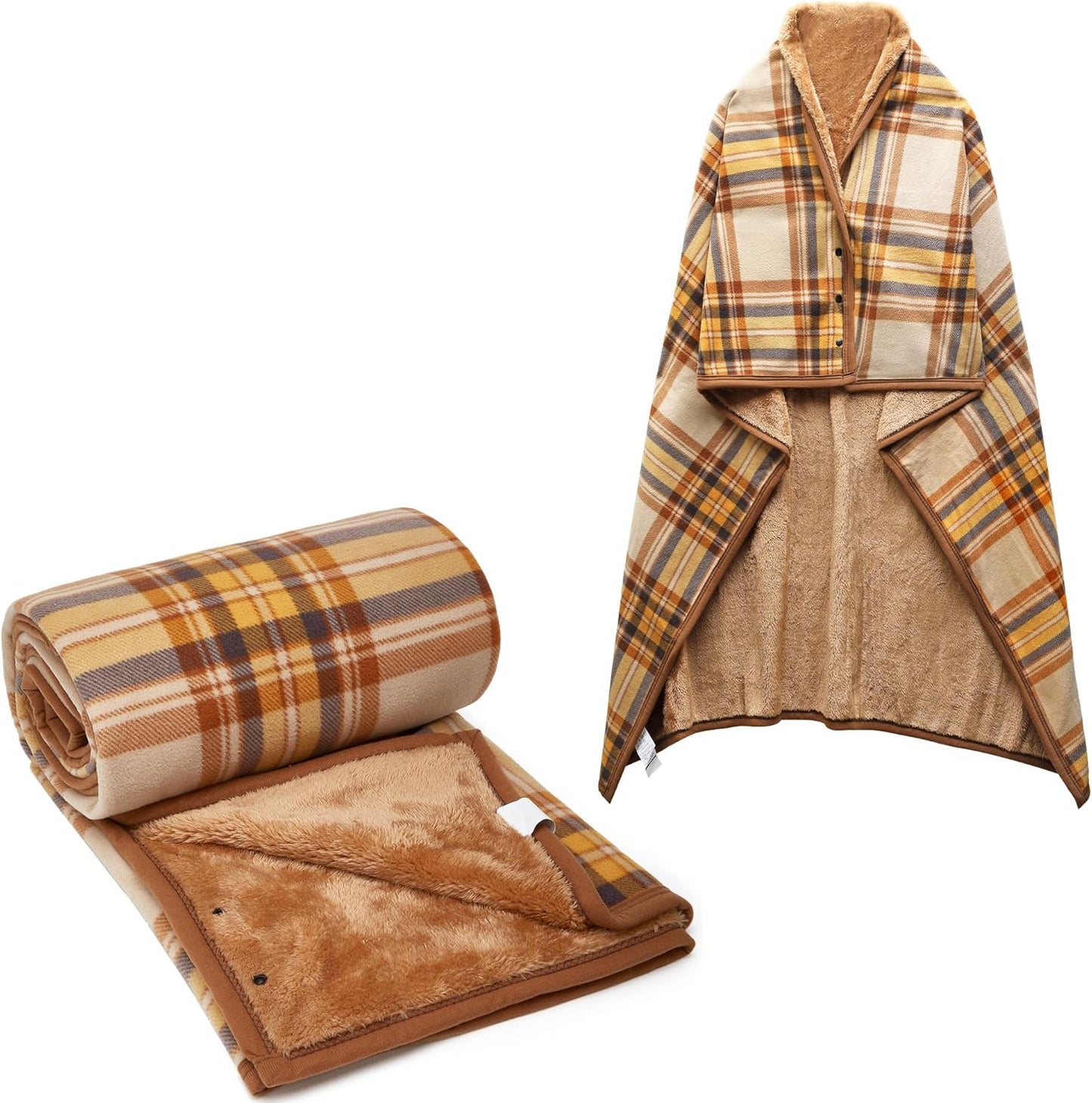 forestfish Fleece Wearable Blanket, Plaid Lap Blanket Comfy Poncho Throw with Buttons for Bed Sofa Office, Grey-White