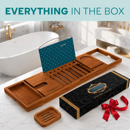 SereneLife 2 in 1 Bed and Bath Tray - Foldable Bamboo Bathtub Caddy with Adjustable Length, Non-Slip, Device Holder, Wine Glass Slot, Expandable for Comfortable Bathing, Natural, Folding Set