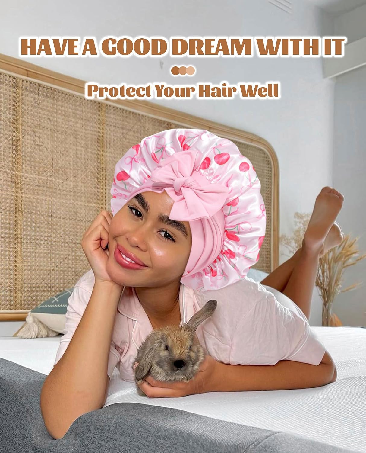 Satin Bonnet for Sleeping Cap Double Layer Hair Bonnet with Elastic Tie Band for Curly Hair Night Cap (Bean Paste + Pink)