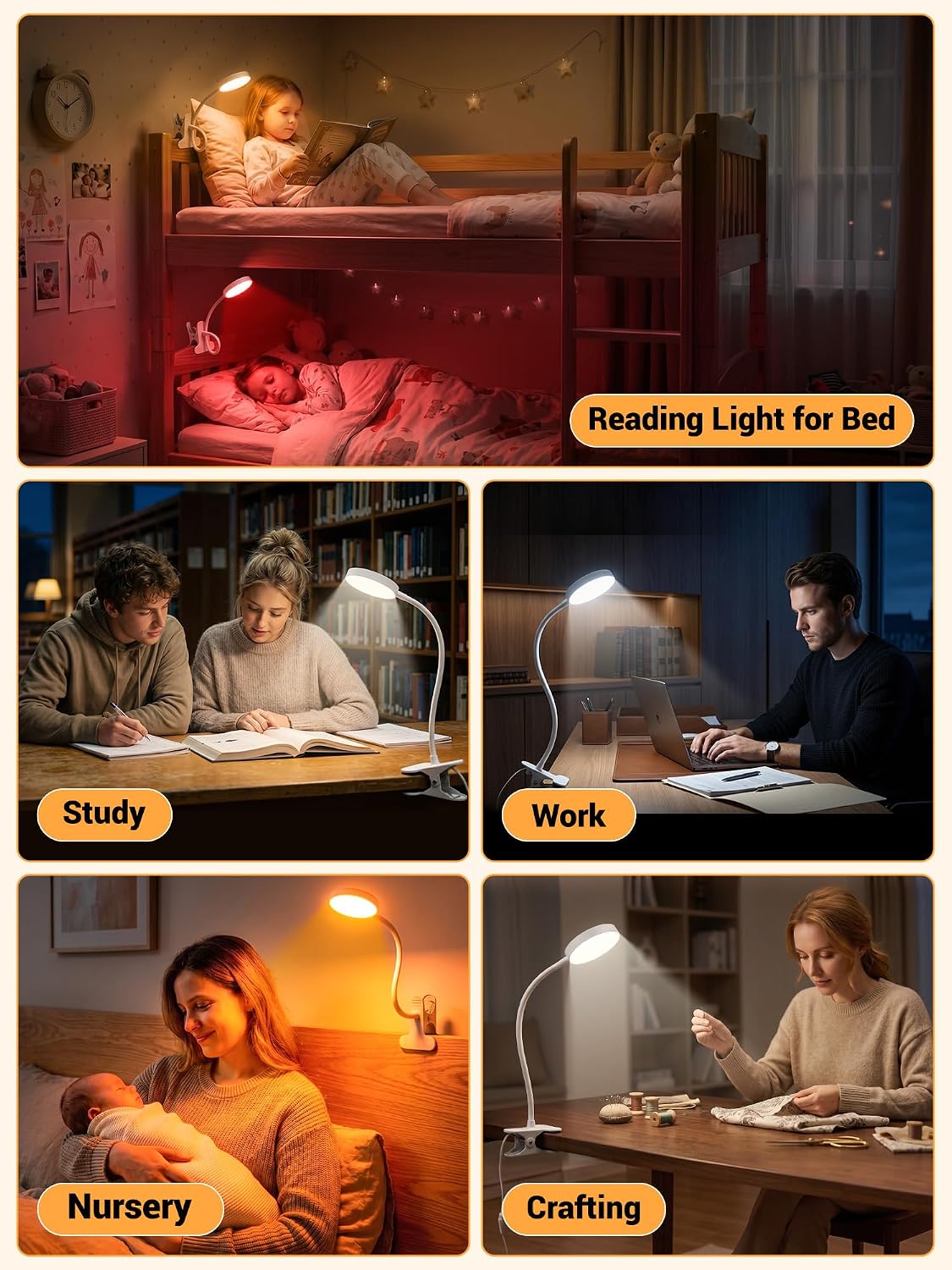 Clip on Light,10 RGB Colors+10 Brightness Clip on Desk Lamp with Clamp, 500 Lumen Bright 72 LED Desk Light, USB Adapter Reading Lights for Books in Bed/Headboard/Bedside Table/Bedroom/Dorm/Home Office