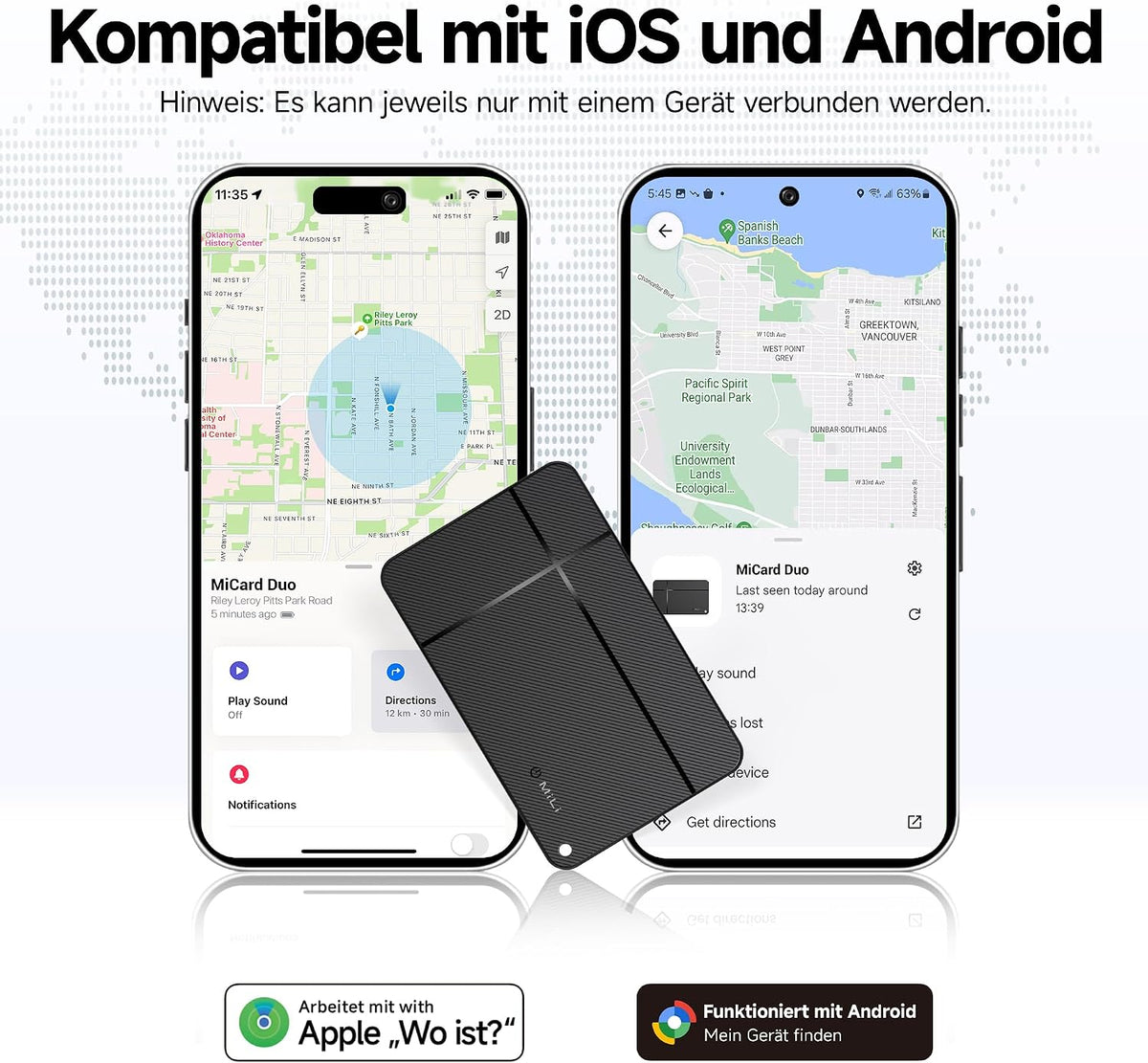 MiLi Wallet Tracker Card for iOS and Android Wallet Finder