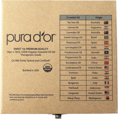 PURA D'OR Organic Sweet16 Essential Oils Set - 16x 10mL Wood Box Aromatherapy Gift Set - 100% Pure Therapeutic Grade for Relaxation and Wellness (Lavender, Rosemary, Turmeric, Ylang Ylang & More)
