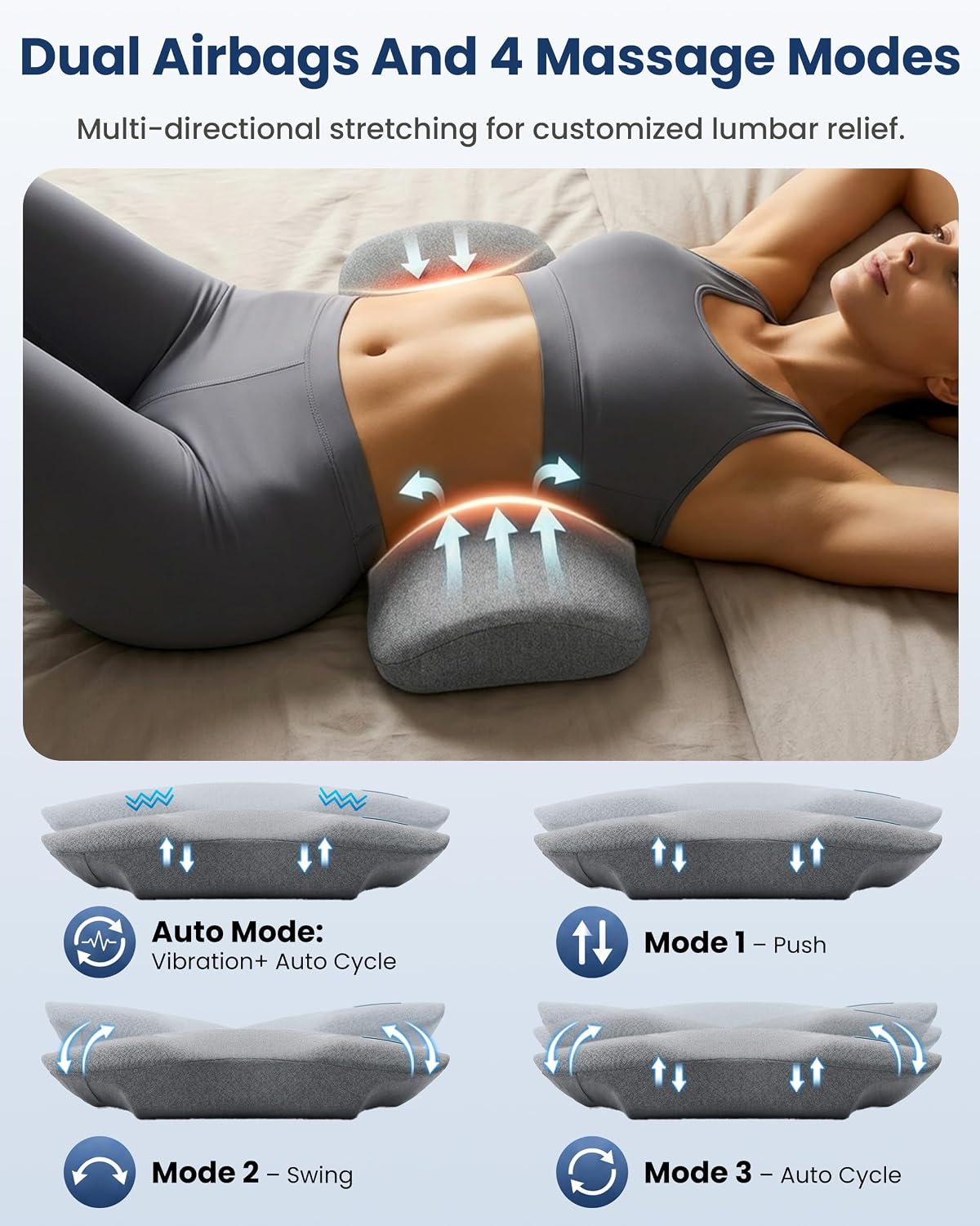 COMFIER Smooth Spine Triple Fusion Back Massager with Graphene Heat, 3-in-1 Cordless Lumbar Support Pillow with Remote Control, Vibration & Stretching, Ergonomic Lower Back Massager