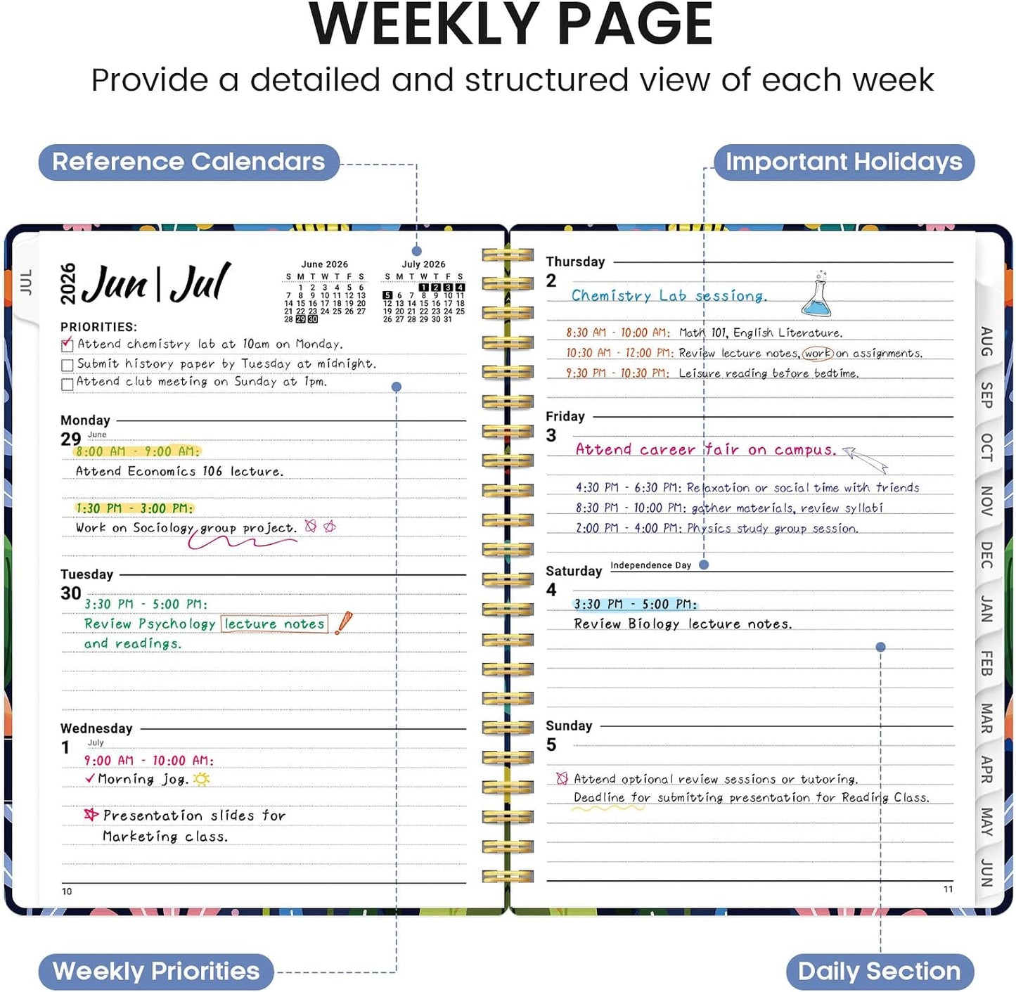 Planner 2026-2027, Academic Monthly and Weekly Calendar Planner for Women, July 2026 - June 2027, Hardcover Pretty Agenda Planner Book with Tabs, Spiral Daily Organizer for School Office Home Supplies, 6.3" x 8.5" - Blue Floral