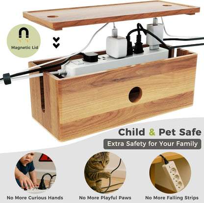 Large Cable Management Box Acacia Wood Cord Organizer Power Strip & Cables