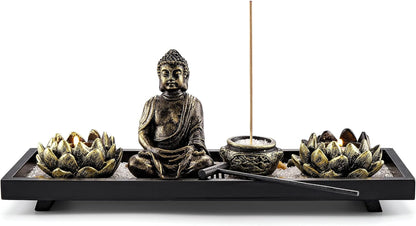 Jovivi Zen Garden Set Buddha Statue w/Tealight Candle Holder, Rocks & Incense Burner Holder & Wood Tray for Yoga Meditation Home Table Decor Gift