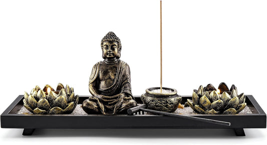 Jovivi Zen Garden Set Buddha Statue w/Tealight Candle Holder, Rocks & Incense Burner Holder & Wood Tray for Yoga Meditation Home Table Decor Gift