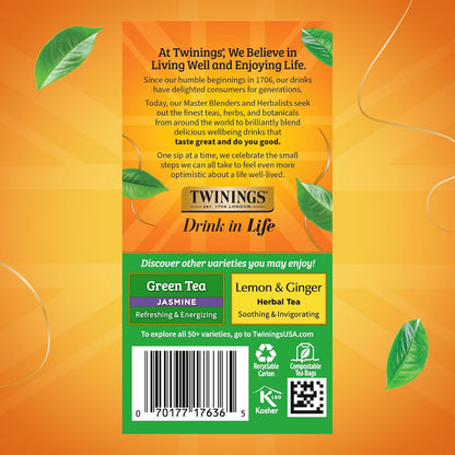 Twinings Pure Green Tea, Caffeinated, Tea Bags, 20 CT Box (6 Pack)