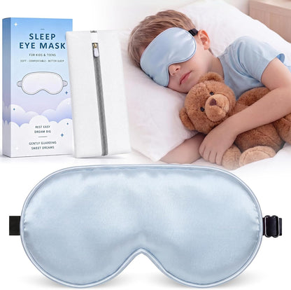 Kids Sleep Mask, Soft Eye Mask for Boys Girls with Adjustable Strap, Silk Light Blocking Sleeping Mask for Naps, Travel and Night Sleep, Includes Laundry Bag (Black)