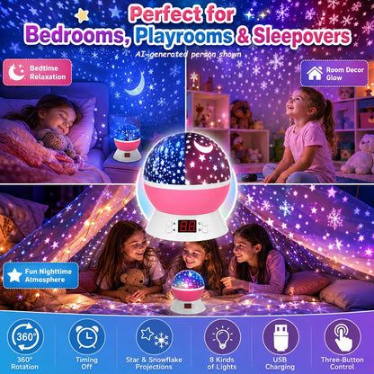 Kids Star Projector Night Light, Star Night Light Projector for Kids, Ceiling Stars Projection Lamp with Timer, 360° Rotating Night Light for Bedroom, Birthday Gift for 3 4 5 Year Old Girls Boys Black