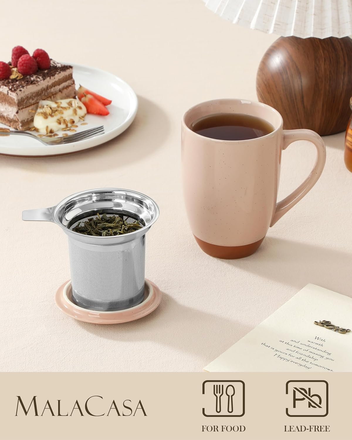 MALACASA Ceramic Tea Mug with Lid and Stainless Steel Infuser, 18 oz Large Tea Cup for Loose Leaf Tea, Heat-Resistant, Microwave & Dishwasher Safe, Speckled Glaze Coffee & Tea Brewer Mug, Khaki White