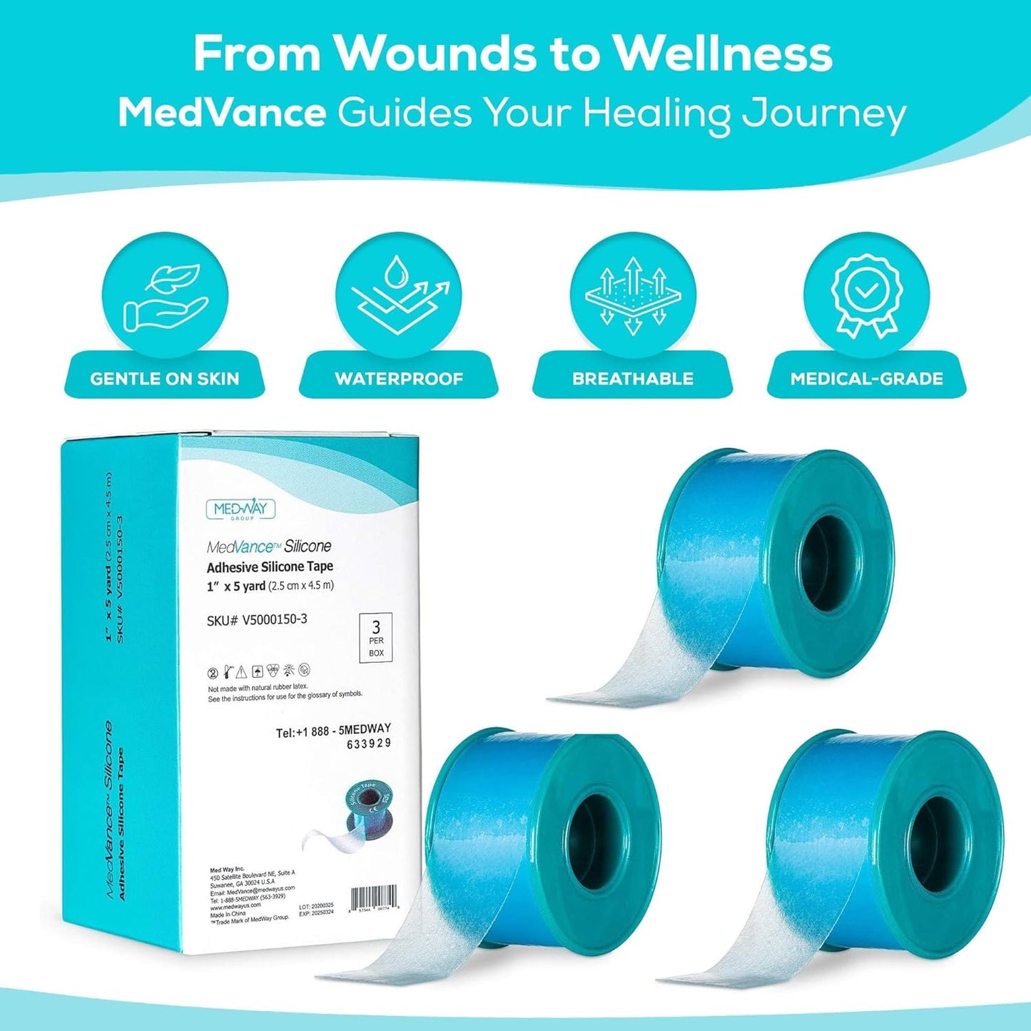 MedVance Silicone Tape Medical, Perforated Surgical Tape Sensitive Skin, Waterproof Tape for Skin, Medical Tape for Wound Care, Eyelash Tape, Gentle Skin Tape, 1" Width (1 Pack, 180 Inches)