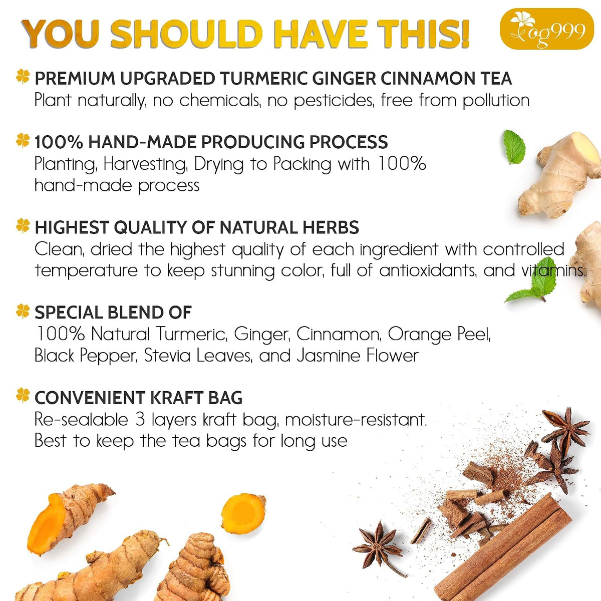 TOG999, 60 Bags Premium Turmeric Ginger Cinnamon Tea. Upgraded Version. Improve Digestion, Support Brain, Weight, Skin and Sleep. Eco-Conscious Tea Bags. No Sugar, No Caffeine, No Gluten, Vegan.