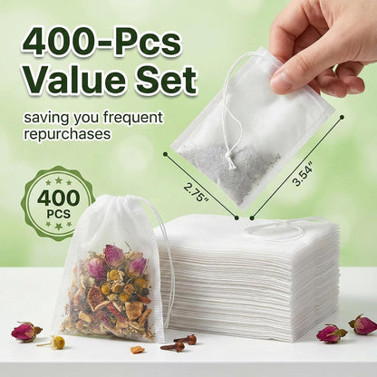 400Pcs 3.54"x2.75" Disposable Tea Bags with Drawstring, Empty Filter Sachets for Loose Leaf Tea, Coffee, Herbs, Spice and DIY Fillable
