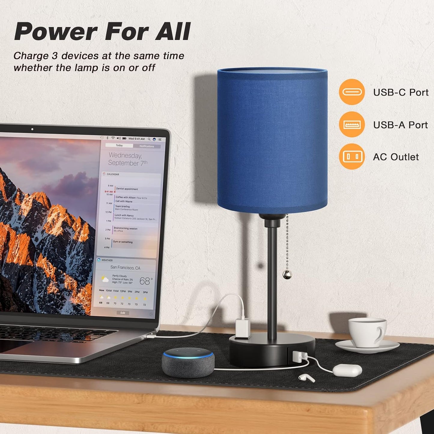 Small Bedside Table lamp for Bedroom - 3 Color Temperatures Bedside Lamps with USB C and A Ports, Pull Chain Table Lamps with AC Outlet, White Nightstand Lamps with Black Metal Base for Kids Reading