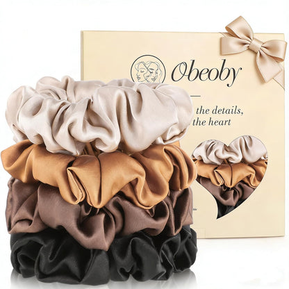 4 Pack 100% Mulberry Silk Scrunchies for Hair Sleep, No Damag Frizz Control Stylish Silk Hair Scrunchies Small Gifts for Women