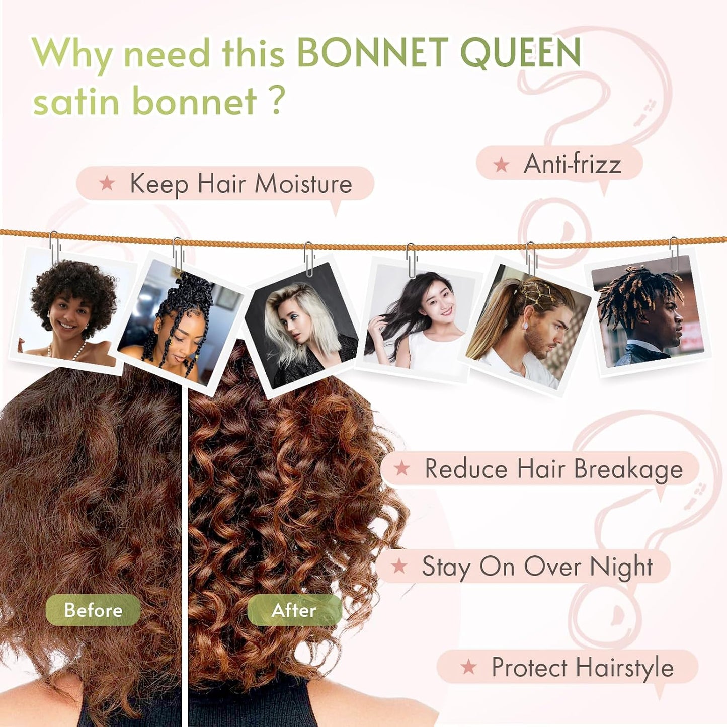 BONNET QUEEN Silk Bonnet for Sleeping for Women Satin Bonnet Night Cap for Curly Hair with Tie Band, Single Layer, Cream Pink