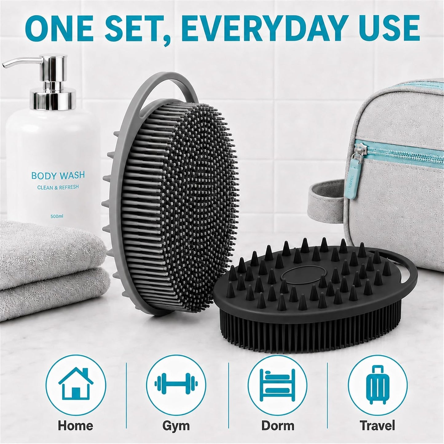 2 Pack Silicone Body Scrubber, Loofah Double-Sided Body Brush,Shower Scrubber and Scalp Massager Shampoo Brush for Sensitive Kids Women Men All Kinds of Skin (Black & Pink)