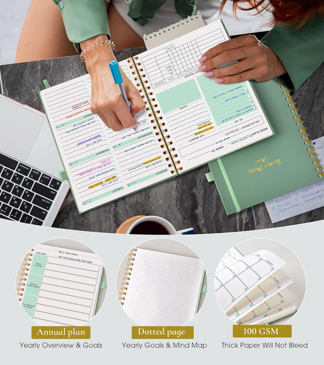 Undated Weekly and Monthly Planner, B5 Large Weekly To Do List Notebook with Goal & Habit Tracker Organizer, Hardcover Spiral Bound Blank Monthly Planner for Work School Home 7.4" x 9.64" Black