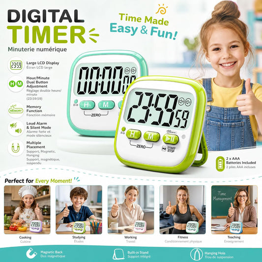 Antonki 2 Pack Classroom Timers for Kids Teachers, Magnetic Countdown Digital Kitchen Timer for Cooking, Study, Exercise, Games, Time Mangement - Loud/Silent Mode - Battery Included