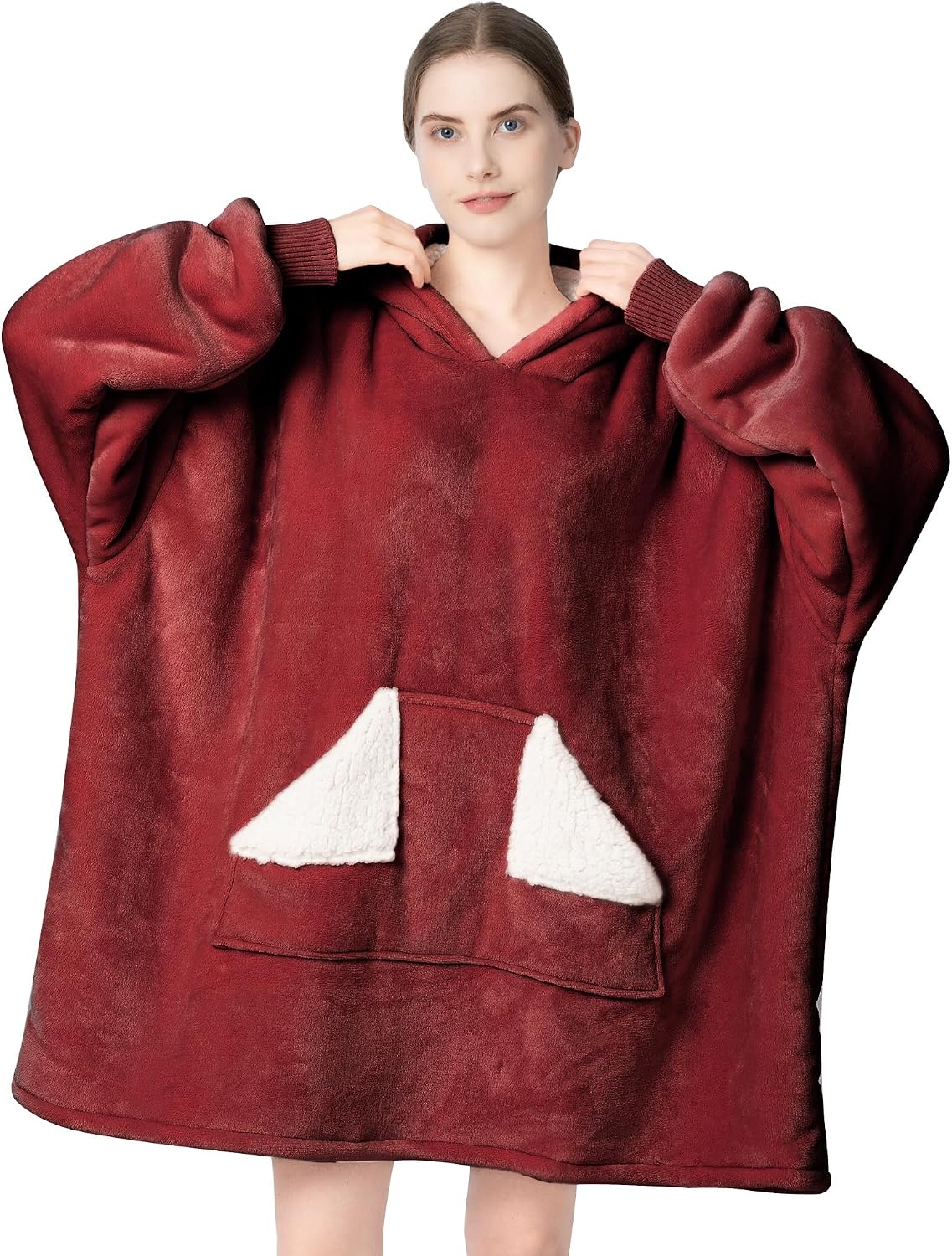 Touchat Wearable Blanket Hoodie, Oversized Sherpa Blanket Sweatshirt with Hood Pocket and Sleeves, Super Soft Warm Plush Hooded Blanket for Adult Women Men, One Size Fits All (Pink)
