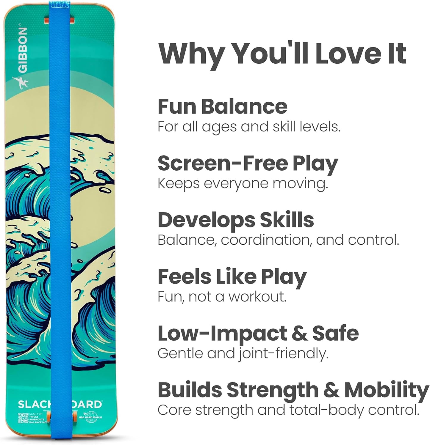 GIBBON SlackBoard - GiBoard Balance Board - Gift for Kids & Adults - 1 & 2 Line Options - Slackline Balance Trainer for Core Workouts, Standing Desk Exercise, Home Gym, Yoga & More