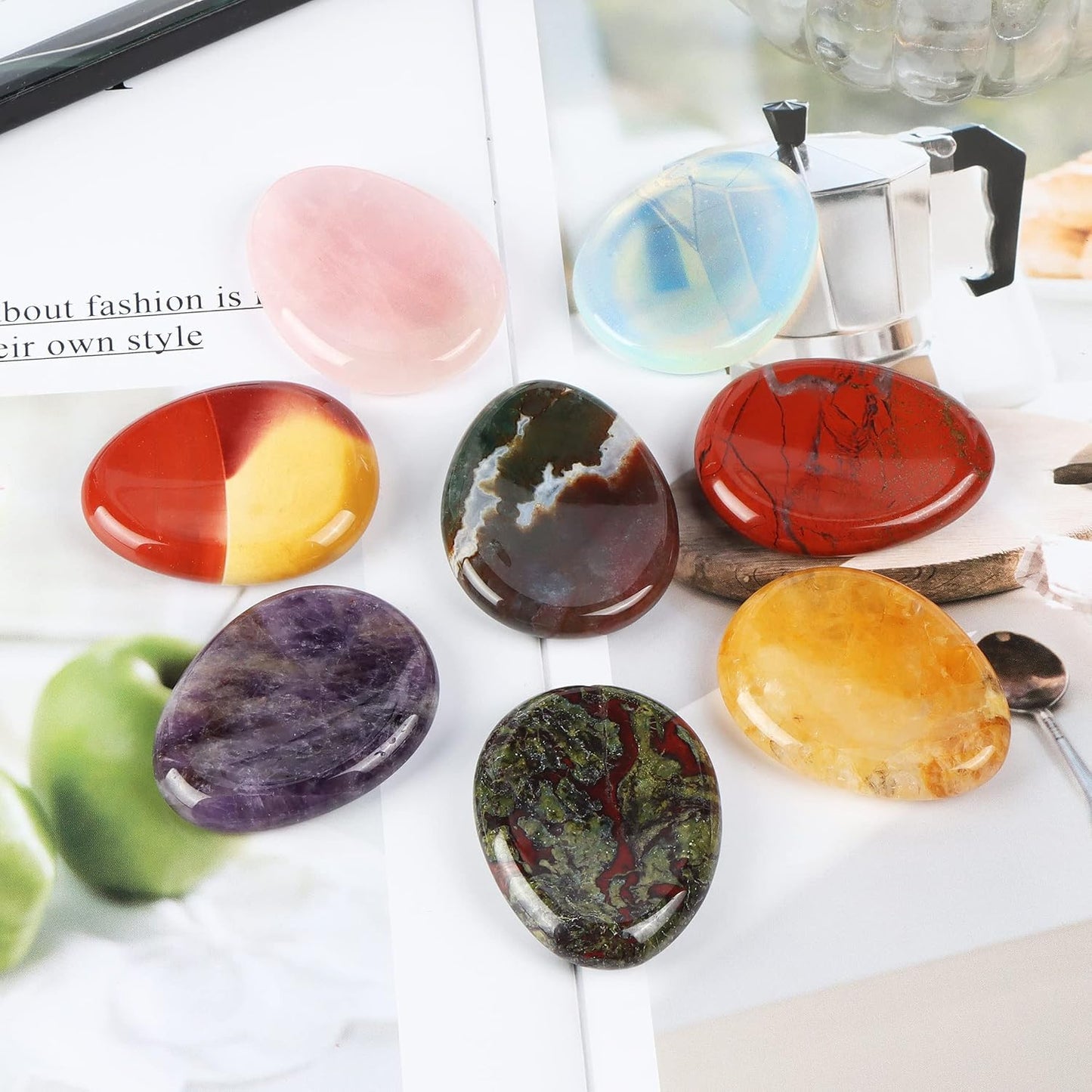 Artistone Moss Agate Crystal Chakra Thumb Worry Stone Teardrop Reiki Healing Stone Pocket Palm Stones for Anxiety Stress Relief Meditation Therapy Geometry Home Decor