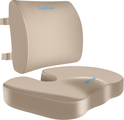 CushZone Ergonomic Seat Cushion & Lumbar Support Pillow - Memory Foam for Sciatica Pain Relief & Posture Correction, Non-Slip Chair Cushions for Office Chair/Car/Wheelchair/Travel (Black)