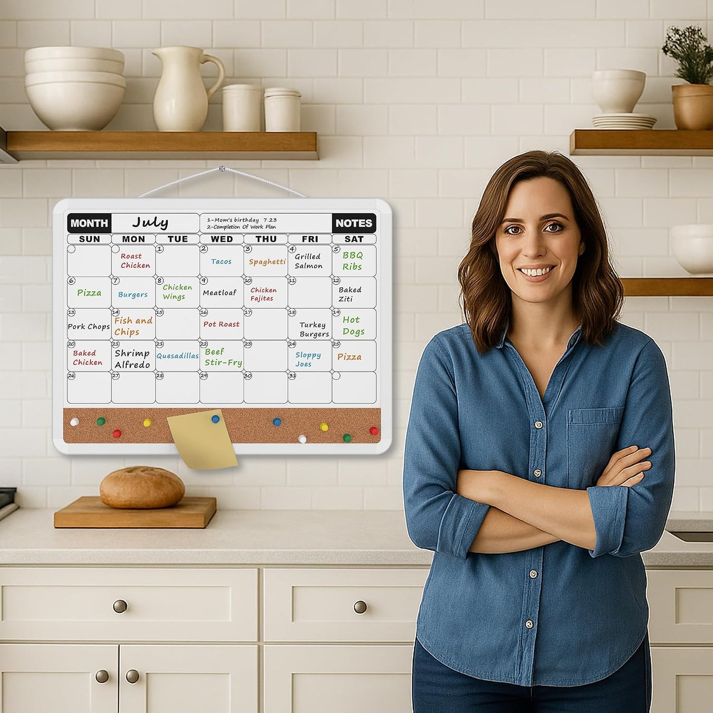 Monthly Calendar Dry Erase Board 16x12 Inch, Double-Sided Whiteboard and Corkboard Combo, Wall Mounted Planner Organizer with Markers, Magnets, Push Pins, Eraser, for Home Office School