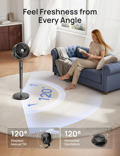 DREO Fan for Bedroom, 120° Oscillating Standing Fan, Quiet Floor Fan with DC Motor, Pedestal Fan for Room, 9 Speeds, 4 modes, 20dB, 120° Manual Vertical, 37-42" Adjustable Height, 9H Timer, Dark Gray