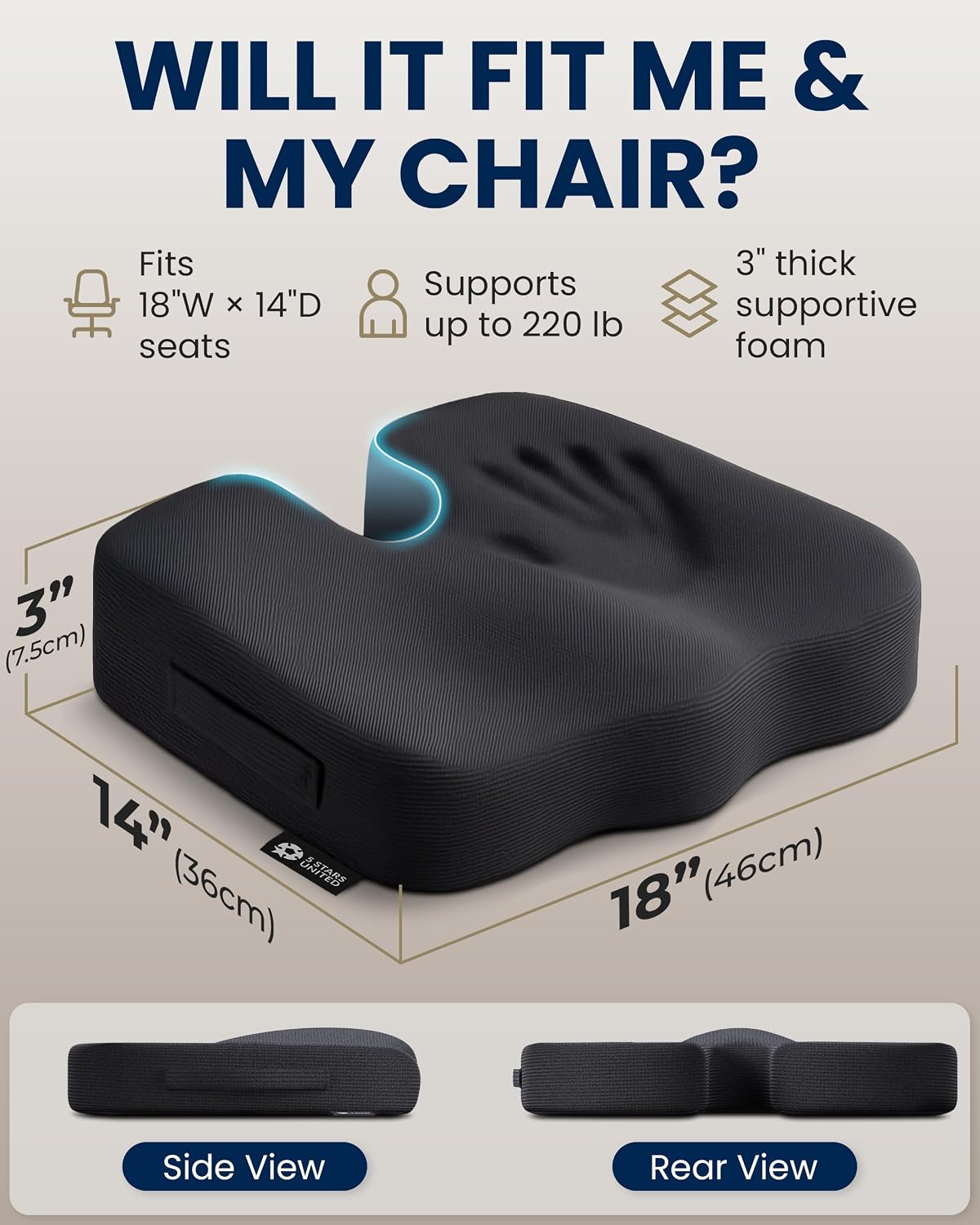 5 STARS UNITED Seat Cushion - Memory Foam Chair Cushion for Tailbone Pain Relief - Ergonomic Support for Coccyx, Sciatica & Butt - Office, Desk & Gaming Chair, Car Seat, Wheelchair, Black Suede
