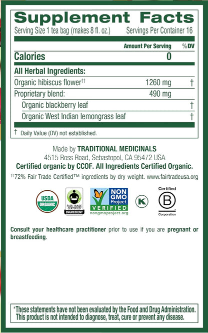 Traditional Medicinals - Organic Hibiscus Herbal Tea (6 Pack) - Supports Heart Health - 96 Tea Bags Total