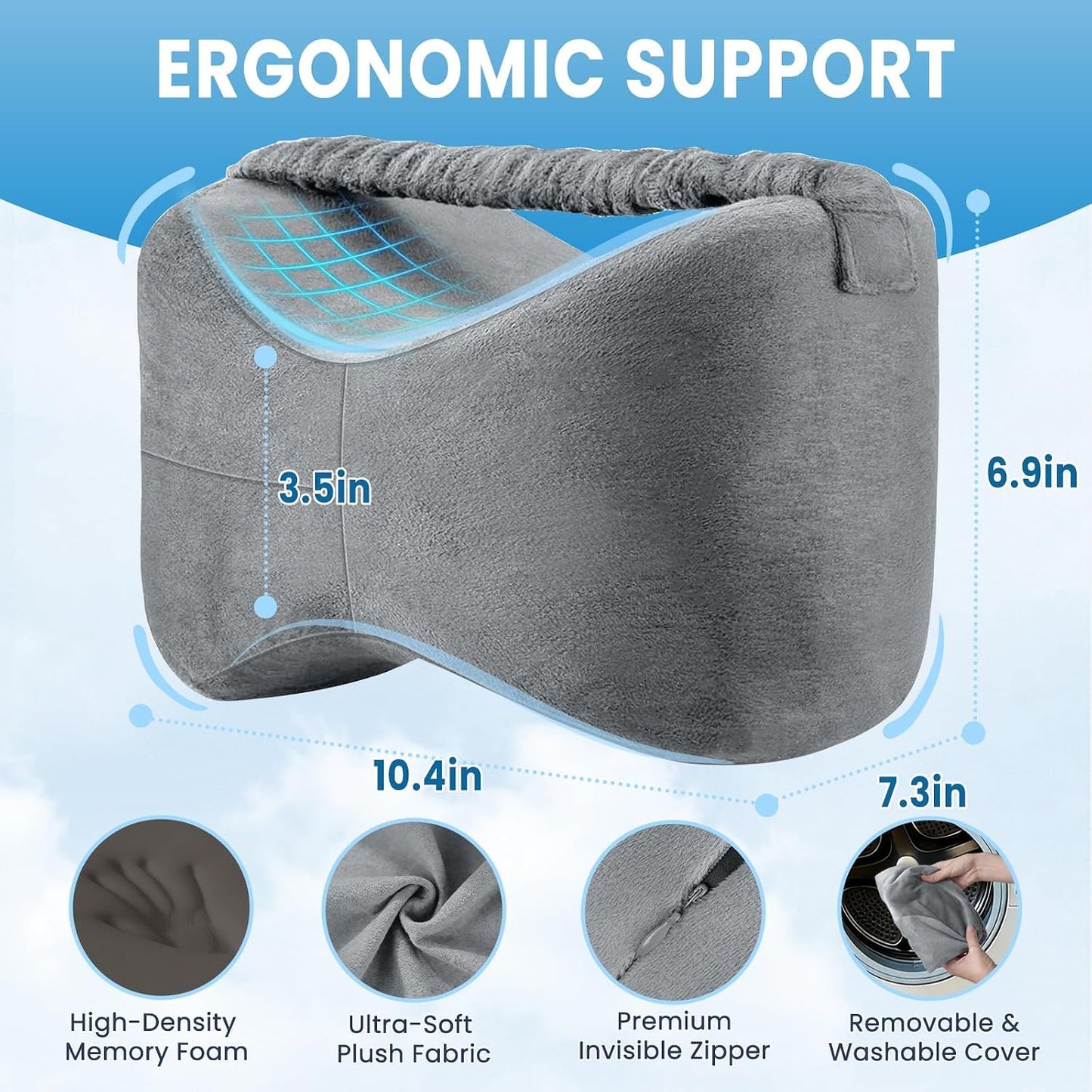 Knee Pillow for Side Sleepers with Strap, Supportive Memory Foam Leg Pillow for Side Sleeping & Spine Support, Ergonomic Curved Design for Hips and Back, Light Grey