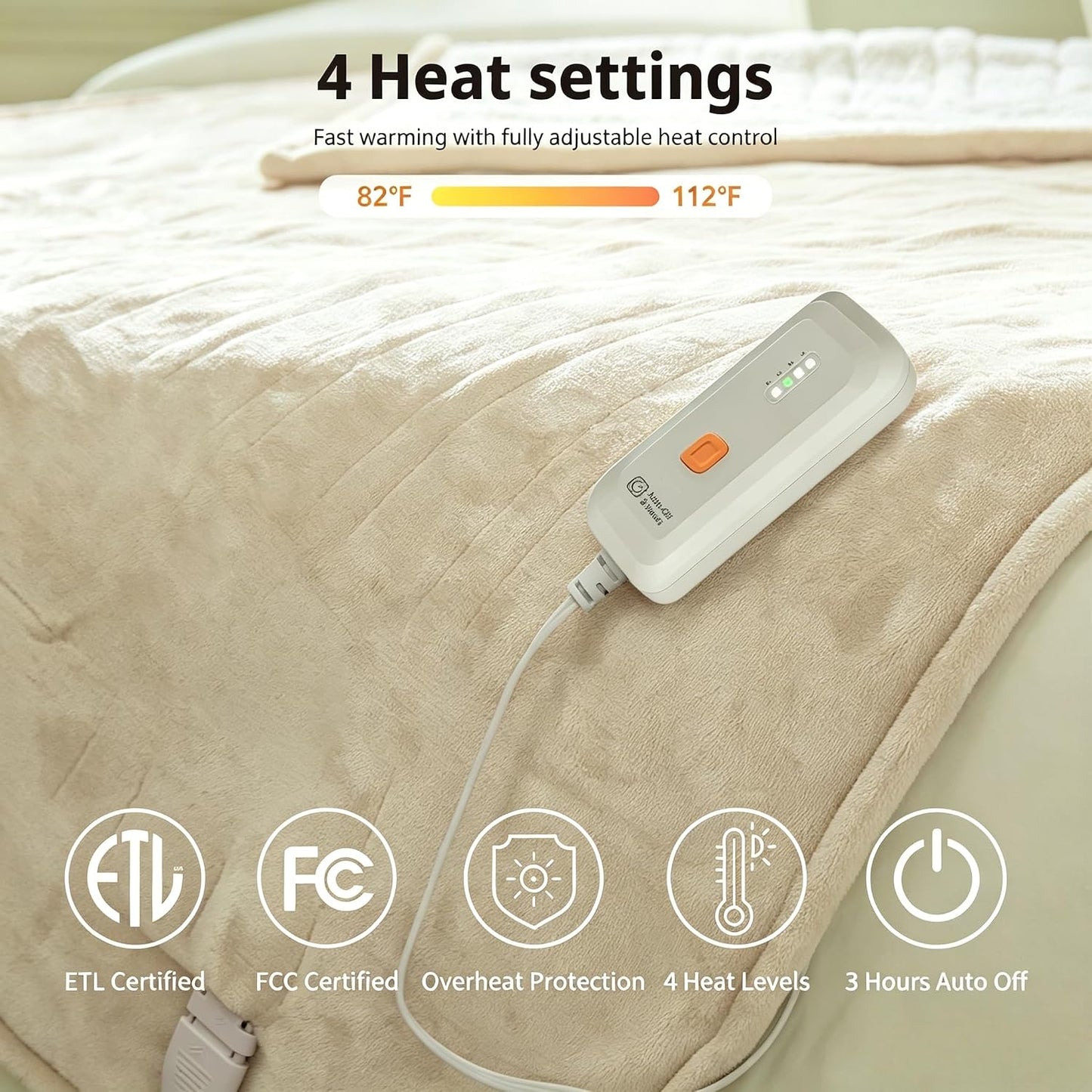 GOTCOZY Heated Throw Blanket, 50''X60'' - Soft Silky Plush Electric Blanket with 4 Heating Levels & 3 Hour Auto Off, ETL Certified, Machine Washable (Grey)