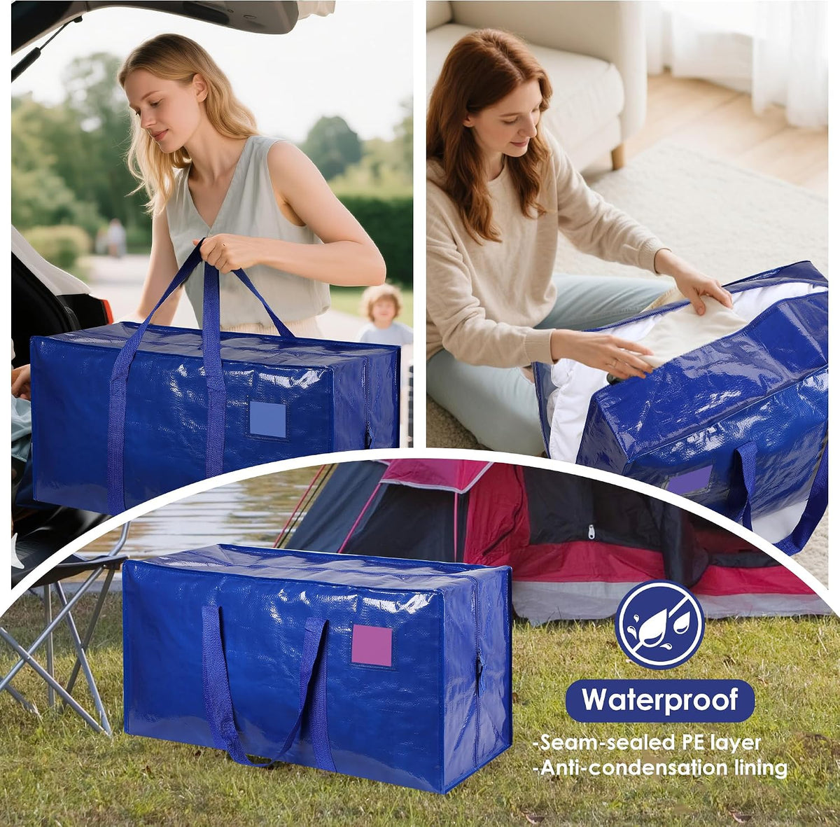 Moving Bags Heavy Duty 210GSM with Full-Open Side Zipper, 93L 220lbs Waterproof Foldable Storage Totes for College Dorm Move-In, Moving Boxes Alternative & Home Organization, Blue