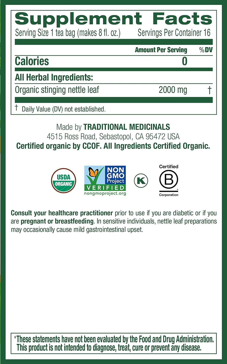 Traditional Medicinals Organic Nettle Leaf Herbal Tea, Supports Joint Health & Overall Wellness, (Pack of 3) - 48 Tea Bags Total