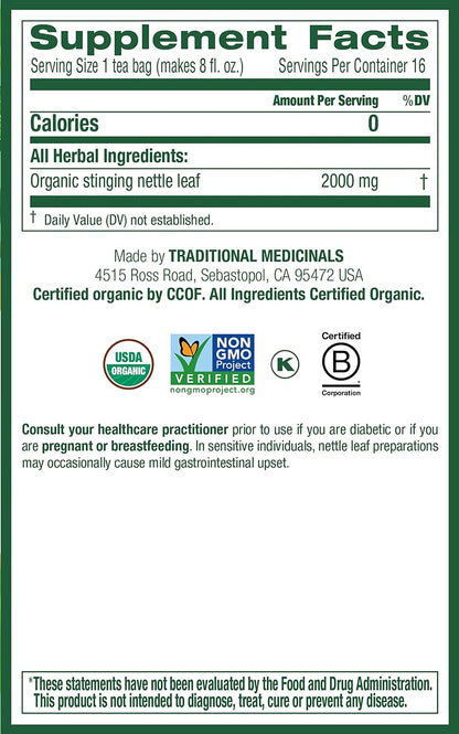 Traditional Medicinals Organic Nettle Leaf Herbal Tea, Supports Joint Health & Overall Wellness, (Pack of 3) - 48 Tea Bags Total