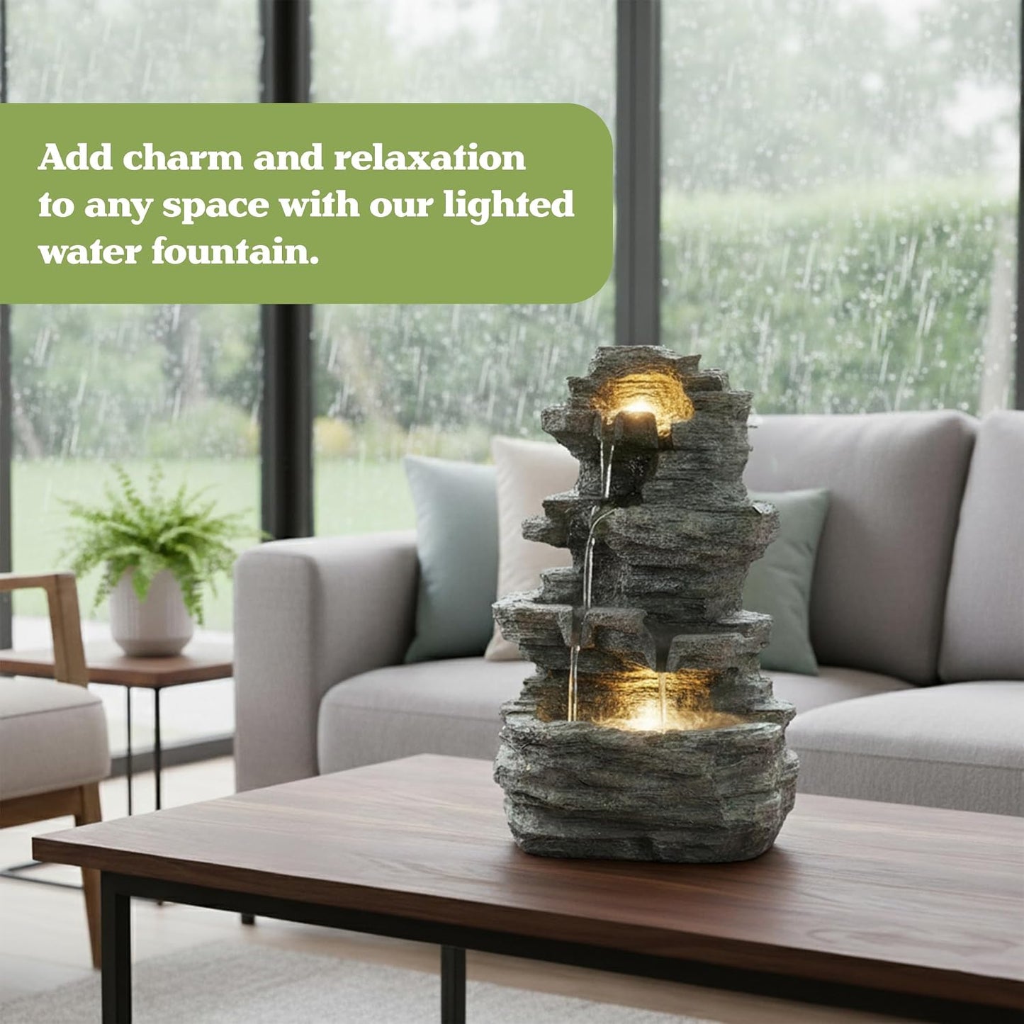 Pure Garden Tabletop Cascading Rock Waterfall Fountain with Lights, Gray