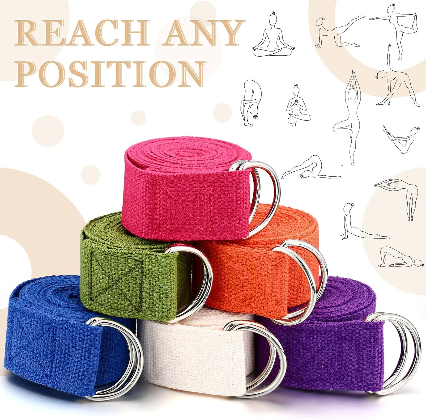 6 Pcs Yoga Straps for Stretching 8 Ft, Safe D Ring Buckle