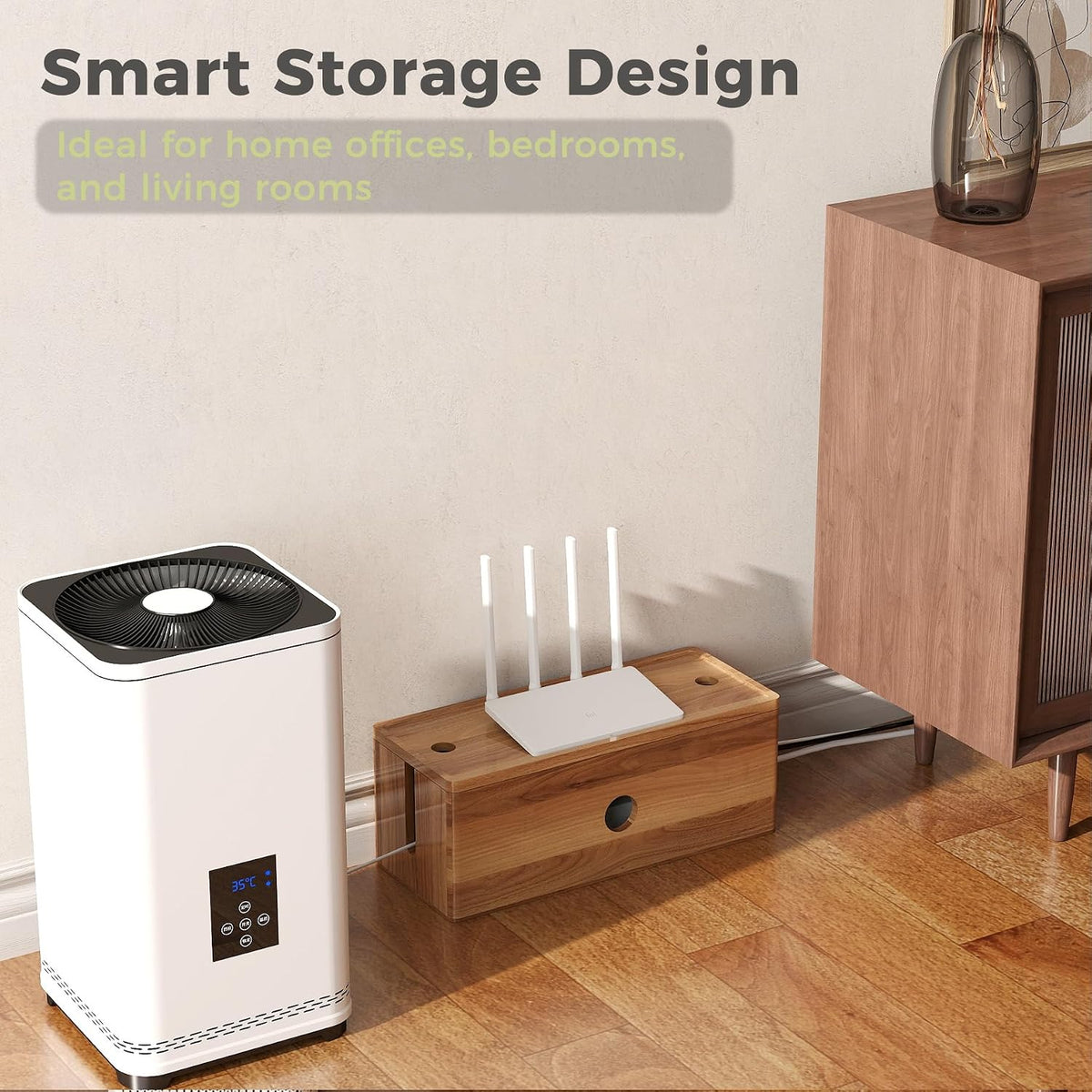 Large Cable Management Box Acacia Wood Cord Organizer Power Strip & Cables