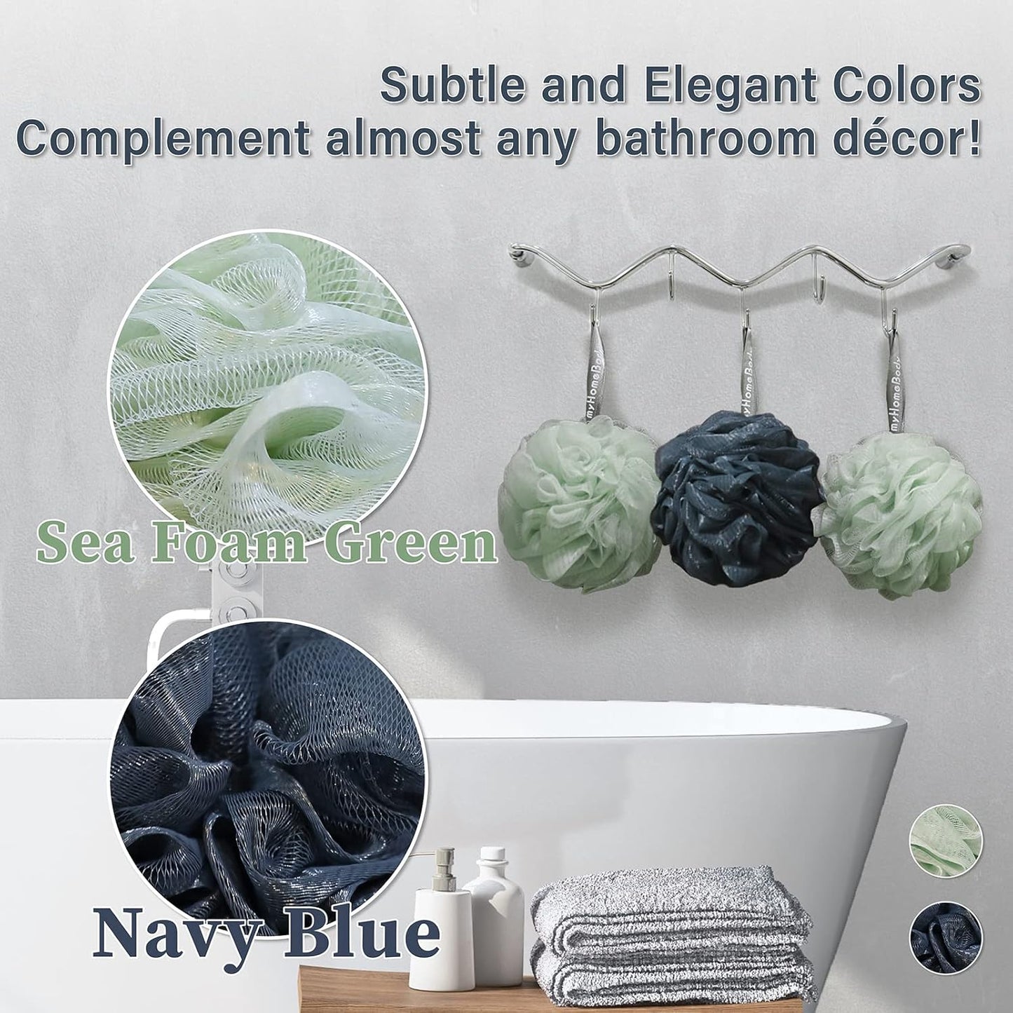 myHomeBody Large 70g Loofah Sponge, Bath Body Scrubber for Women, Men, Exfoliating Shower Pouf with Activated Charcoal - 2 Graphite Gray + 1 Sage Green, 3 Pack