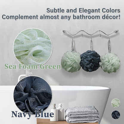 myHomeBody Large 70g Loofah Sponge, Bath Body Scrubber for Women, Men, Exfoliating Shower Pouf with Activated Charcoal - 2 Graphite Gray + 1 Sage Green, 3 Pack