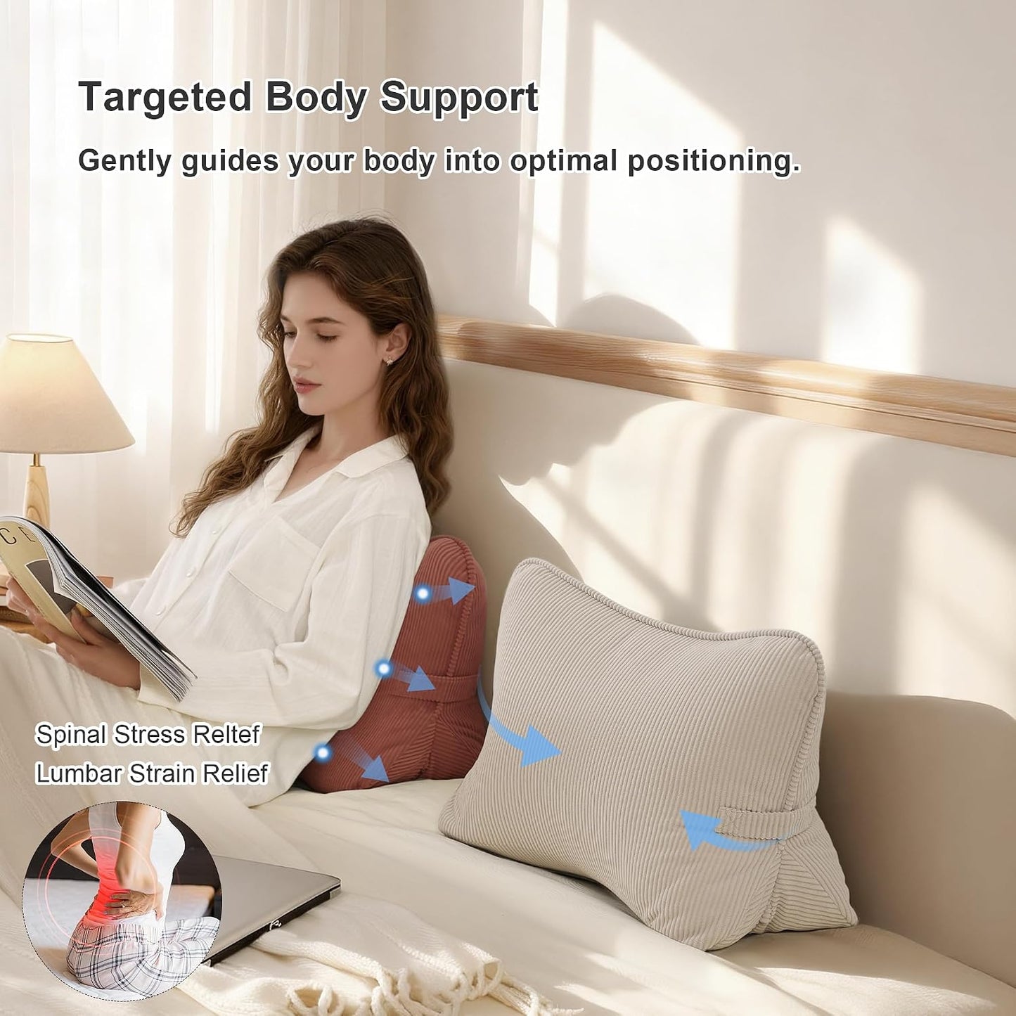 Pat. Pend. Corduroy Lumbar Support Back Pillow for Watching TV, Reading & Gaming, Ergonomic Triangle Support Cushion for Sofa, Armchair & Bed Sitting, Removable Washable Cover, Beige Gray