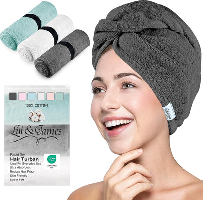 Lili&James 100% Cotton Hair Towel Wrap for Women & Kids – 420 GSM Quick Dry Hair Turban with Double Button Loop, Anti Frizz Non Microfiber Hair Drying Towel for Curly, Long & Thick Hair (Lilac)