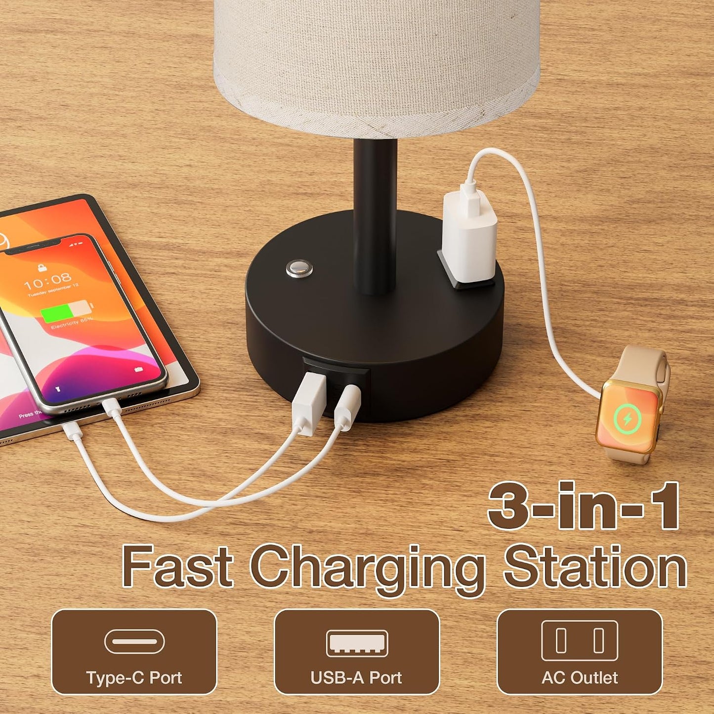 Touch Bedside Table Lamp with Memory - Stepless Dimmable Lamp for Bedroom, Small Nightstand Lamp with Dual USB Charging Ports and AC Outlet, Wood Night Light, Desk Lamp for Nursery, Living Room, Dorm