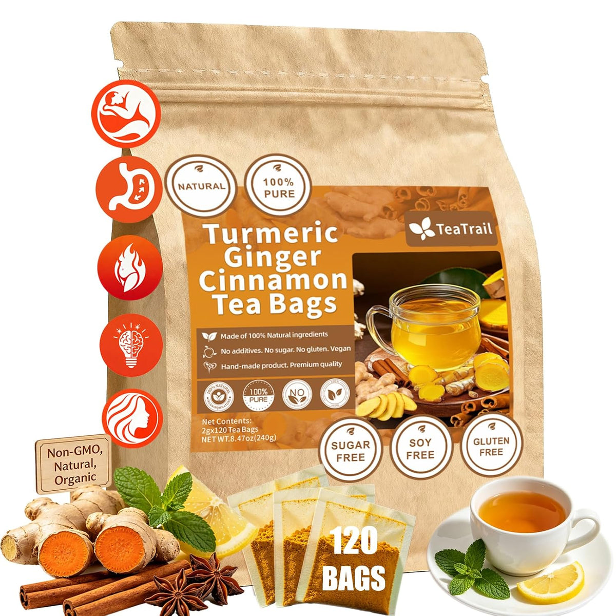 Turmeric Ginger Cinnamon Tea Bags - 100% Natural Anti-Inflammatory Herbal Blend, 120 Count Caffeine Free Vegan Wellness Tea for Digestive Health & Immune Support - Warm Spicy Comfort in Every Cup