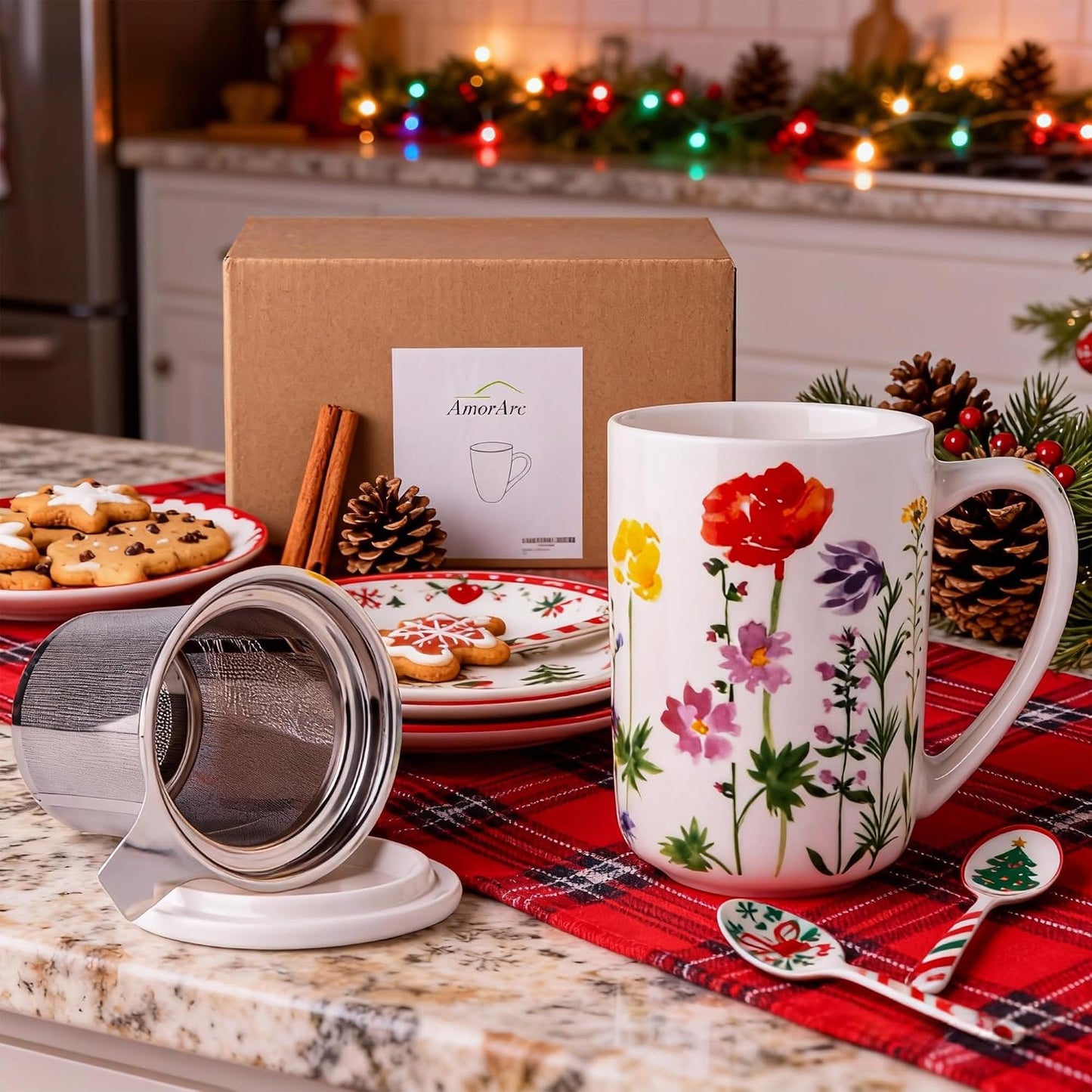 AmorArc Porcelain Tea Mug with Infuser and Lids, 18 Oz Large Cup Strainer with Bag Holder for Loose Leaf Tea, Steeping Coffee Mug for House-warming Wedding Birthday Gift